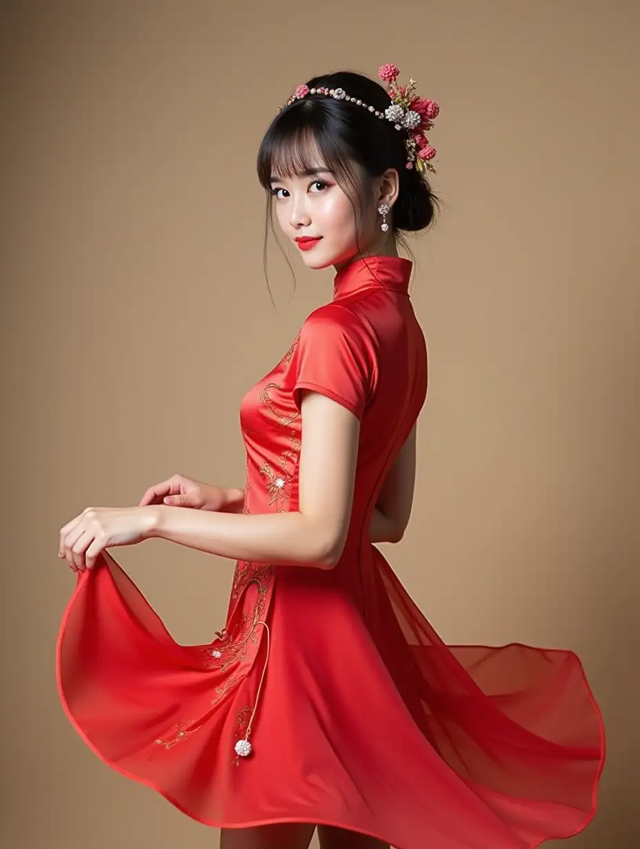 Young-Chinese-Woman-in-Chic-Qipao-Posing-Playfully-with-Flared-Skirt-and-Elegant-Accessories