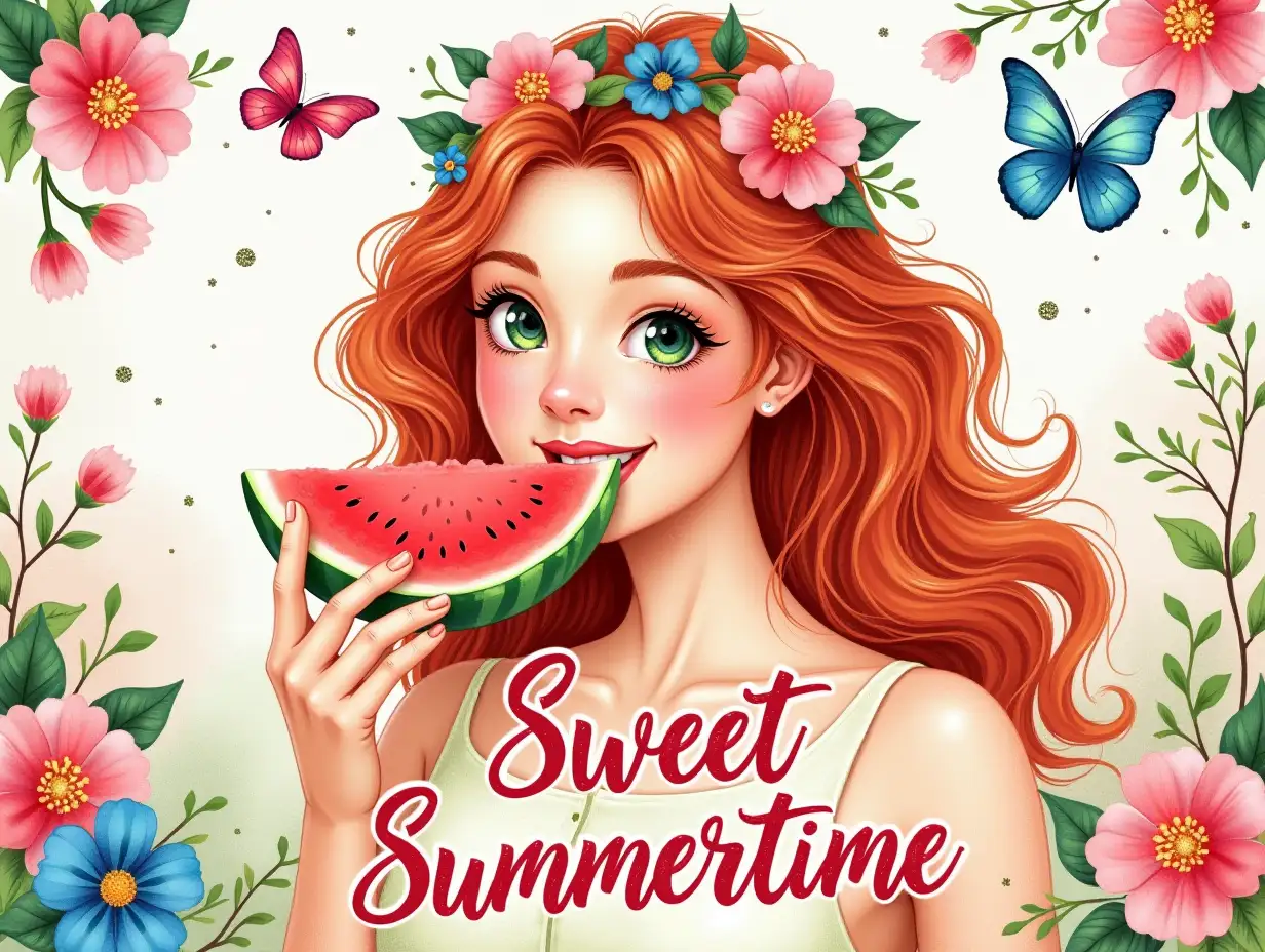 Watercolor art, vintage, vector, seamless. A vibrant, whimsical scene featuring a young woman with flowing, curly red hair adorned with a floral crown, positioned centrally against a bright, colorful summer backdrop. She holds a slice of juicy watermelon, smiling delightfully, her green eyes sparkling with joy. The background is a lively collage of pink and blue flowers, green leaves, and playful butterflies fluttering around. The color palette is rich and saturated with shades of pink, green, and orange, evoking a warm, summery feel. The image has a hyperrealistic quality combined with a playful, illustrative style. Overlay text in a bold, stylish font reads 'Sweet Summertime,' integrated harmoniously with the scene. The edges feature a sprinkle of glittering textures, enhancing the festive, cheerful atmosphere.