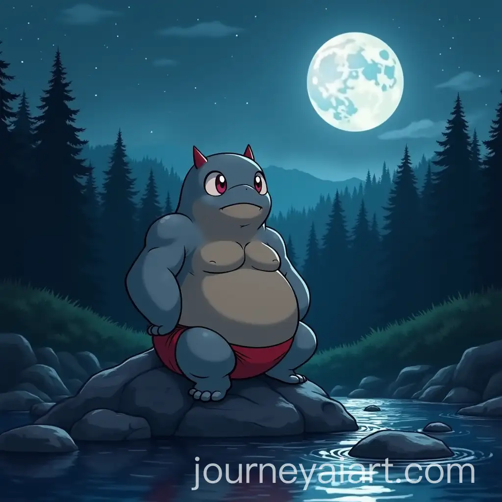 Obese-Pokmon-Machoke-in-Swimming-Trunks-Relaxing-on-a-Rock-by-a-Moonlit-River-in-a-Dense-Forest