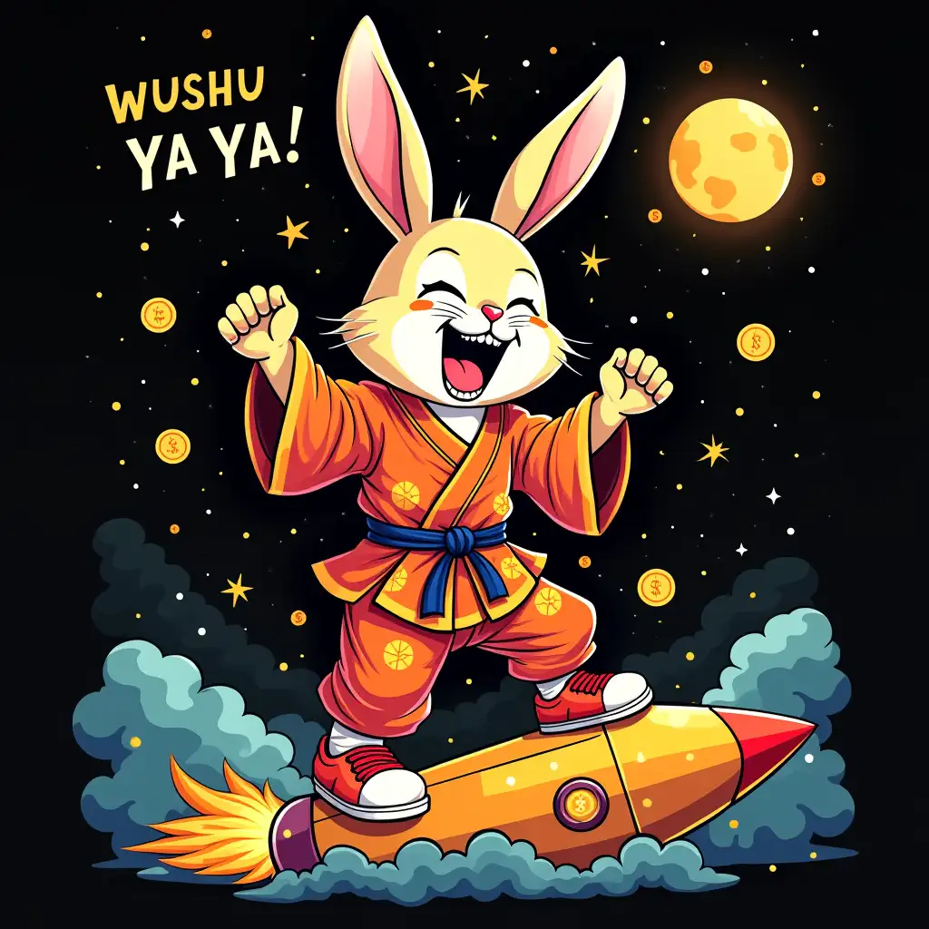 Vegan-Anthropomorphic-Kung-Fu-Rabbit-on-Rocket-with-Bitcoin-Rain-for-TShirt-Design