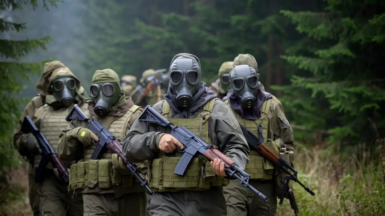 Russian Soldiers in Gas Masks with AK74s in a Dense Forest