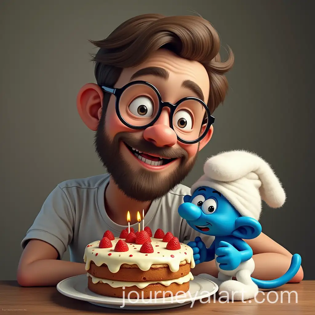 Man-Eating-a-Large-Cake-with-Smurf-Cat-by-His-Side