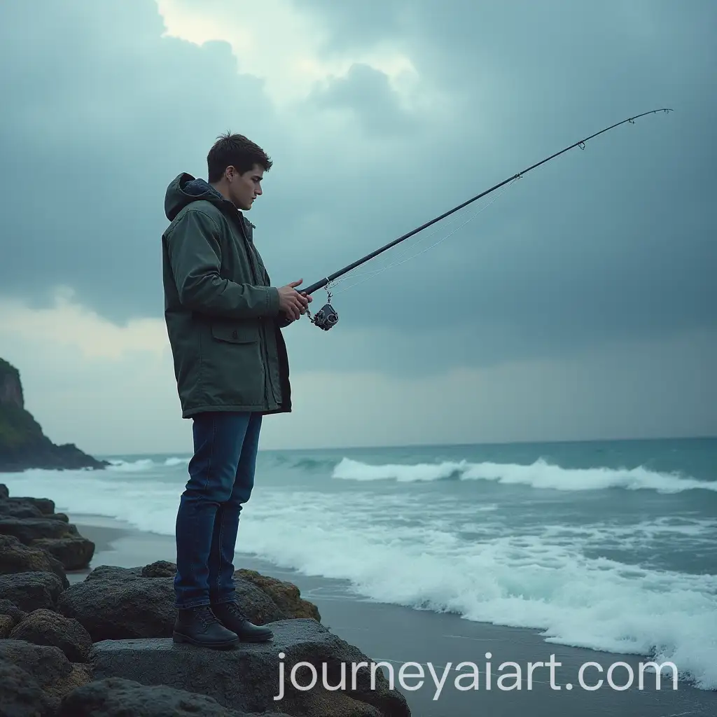 Young-Man-Fishing-on-Stormy-Seaside-Landscape