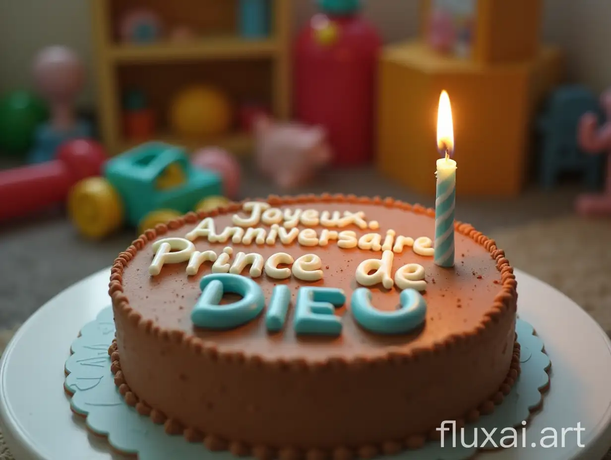 The image is of a brown colored birthday cake. A candle is lit on it. 'Joyeux Anniversaire Prince de DIEU' is written on the cake in French with white-blue cream. The background of the cake is a children's playroom with toys.