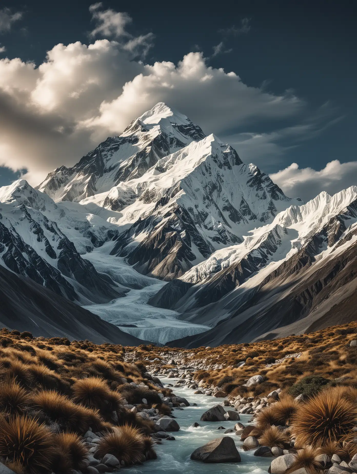 An awe-inspiring view of Mount Cook (Aoraki), the tallest peak in New Zealand, standing majestically under a sky filled with swirling clouds. The steep, snow-capped summit rises above the surrounding landscape, symbolizing the spiritual ascent towards divine presence. The scene is imbued with a sense of reverence and mystery, capturing the grandeur and challenge of the ascent. The image is created in an ink landscape style reminiscent of Chan Jailing, captured with a super wide lens, large depth of field, rich and vivid colors, 8k resolution, and composition.