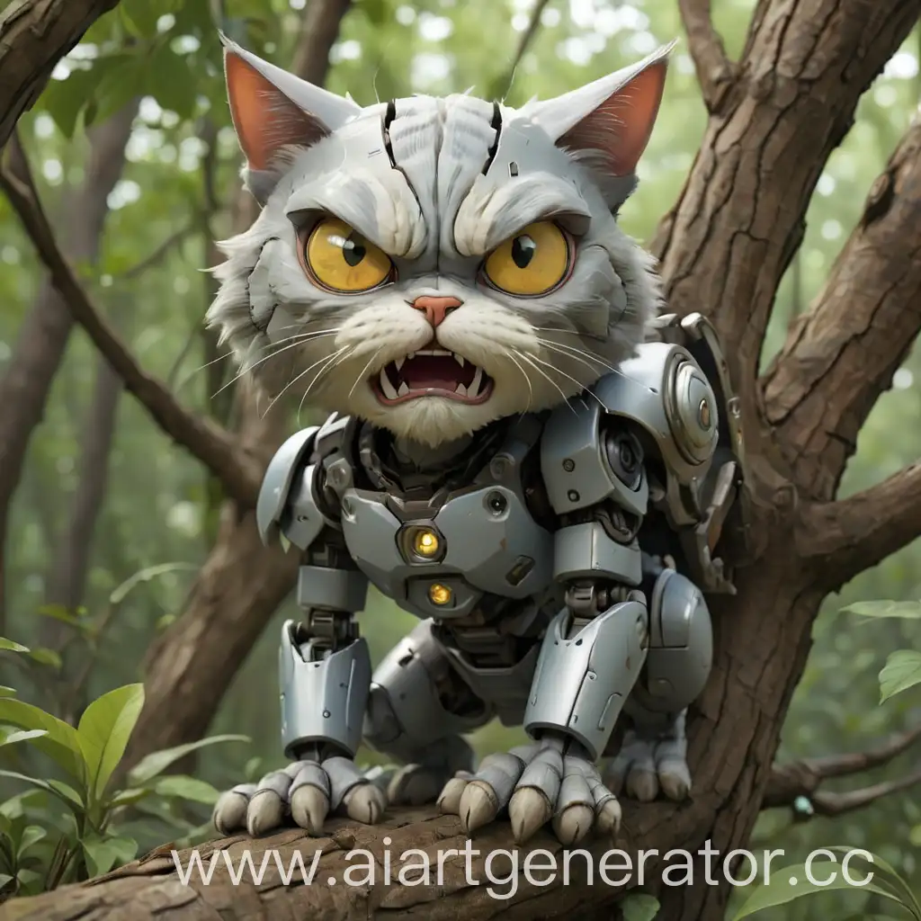 robo cat, angry, in a tree huntung you