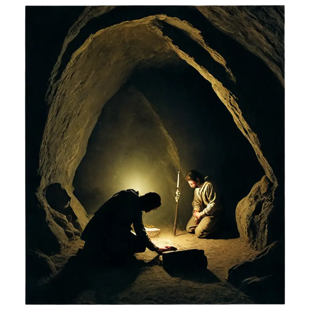 PNG-Image-of-12th-Century-Peasants-Kneeling-and-Praying-in-a-Cave-with-Strong-Light