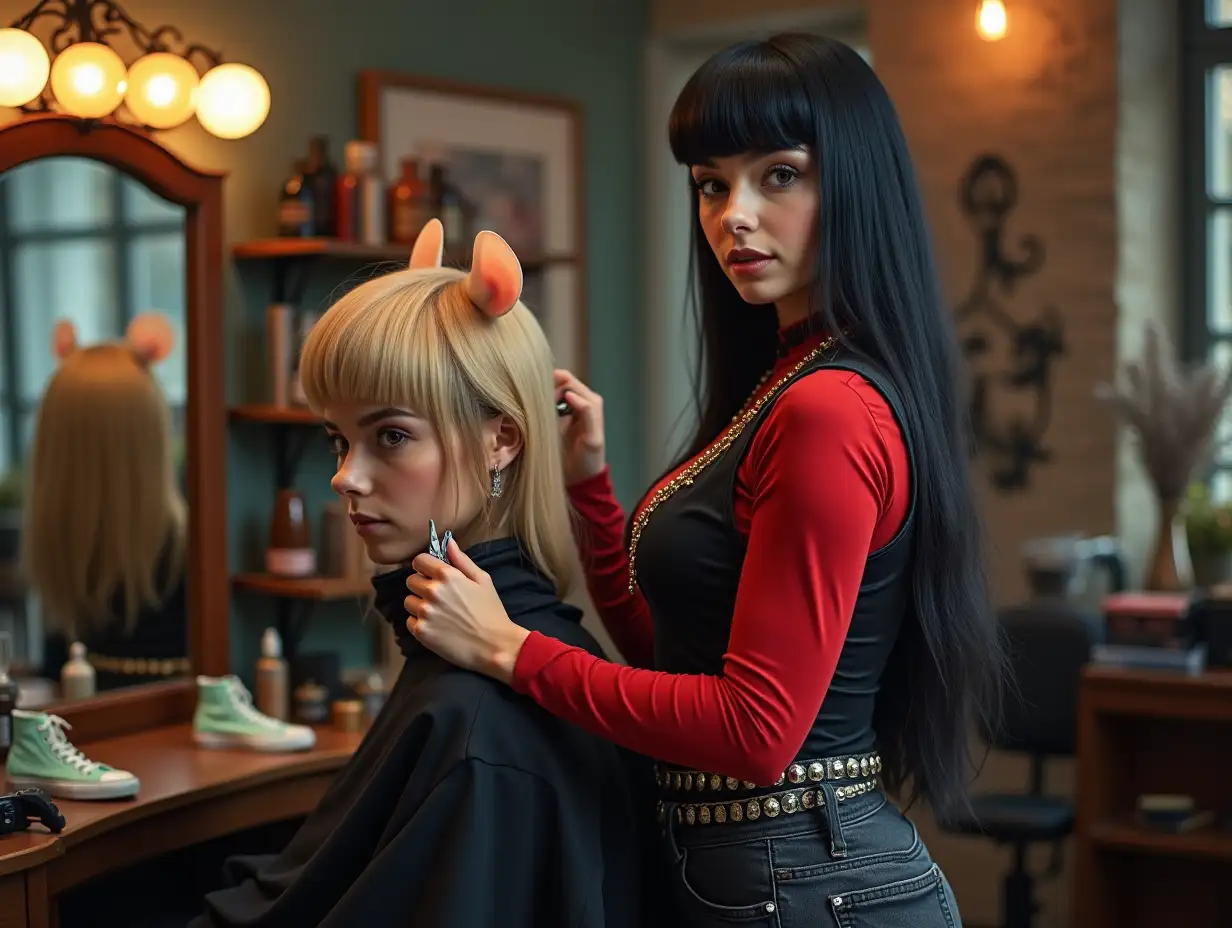 Full-body professional photo of a beautiful attractive fit curvy female hair dresser in her salon. (She's in profile, not looking in the camera.) She has an oval face with a well-defined jawline, thin high-angled soft-rounded eyebrows, almond-shaped eyeliner-framed chestnut eyes, a straight nose with mouse whiskers, full bow-shaped lips, mouse ears and, fused to her coccyx, tail. She has a fringe and long, straight, blueish black hair. She dons a black satin vest with golden frills, a v-necked scarlet jersey leaving plenty of cleavage, a sturdy studded belt, black tapered ripped acid-washed jeans, and pastel-green Sk8-Hi vans. With a scissor in her hand, her full focus is on styling a blonde long-haired male anthropomorphic mouse customer.