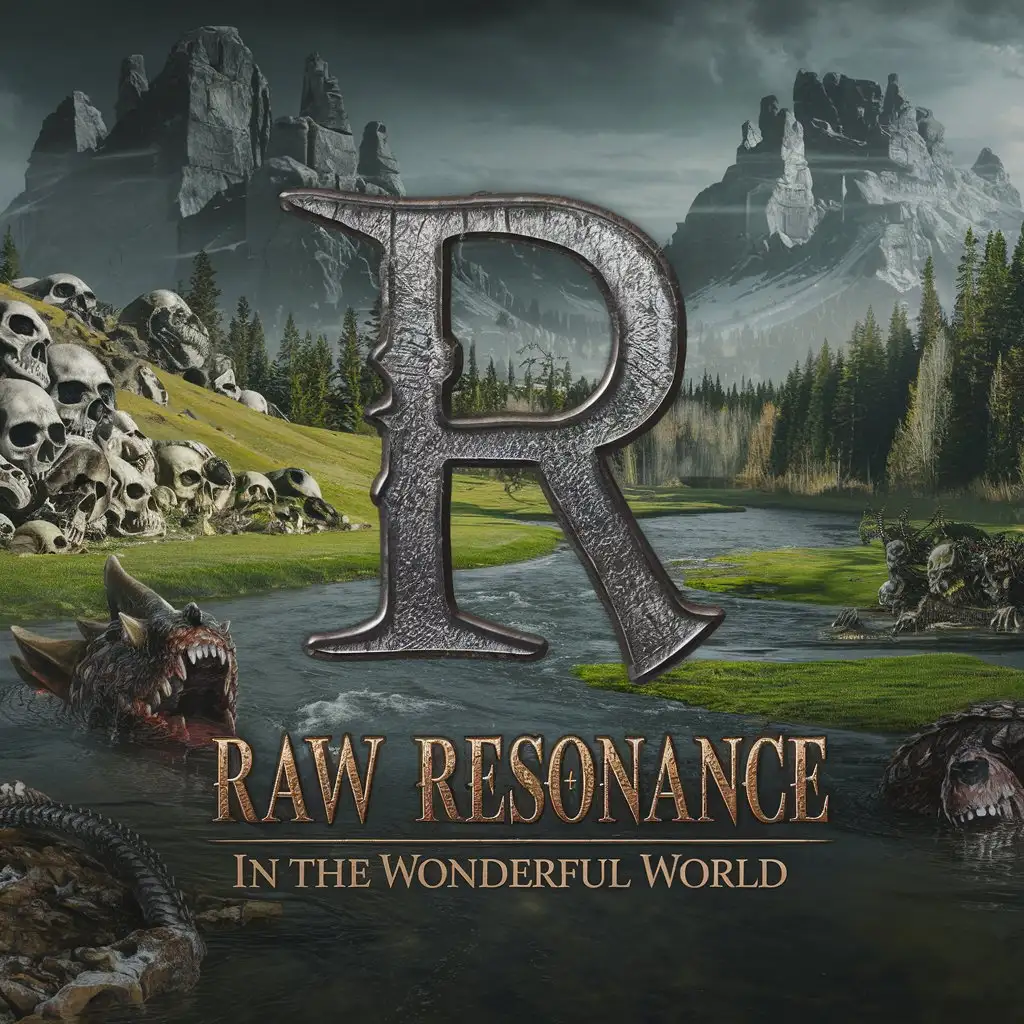 LOGO Design for Raw Resonance In The Wonderful World Photorealistic Dark Grim Landscape with Skulls and Fantastic Creatures