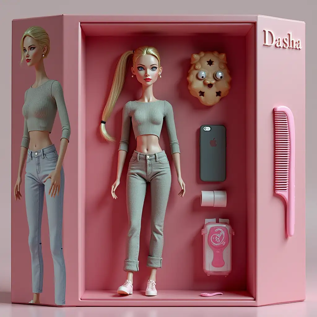Create a collectible action figure of a person - like an expensive toy in packaging. Style: as realistic as possible, as for advertising or storytelling. Main features: It's a 3D doll in the style of Bratz, made of soft touch plastic. The character is full size, replicating the appearance and outfit from the first photo. Copy every detail: hairstyle, lips, eyes, facial features and proportions. Clothing - exactly as on the photo with an emphasis on style and textures. The doll lies in a plastic indentation that repeats its silhouette. Packaging: gray, modern box design. Box: transparent plastic in front, cardboard back. Colors. The name Dasha should be written at the top of the box. -Letters are engraved and embossed on the box. Accessories inside the box: spread out next to the doll in their own compartments in separate cells: comb, iPhone, chewing gum. Accessories are maximally photorealistic and detailed mini-versions.