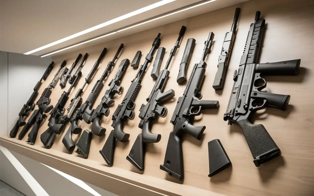 Firearms displayed on a modern light wooden background, 1840x710, sleek design, minimalist layout, subtle lighting, no harsh shadows, high-tech elements, clean lines, contemporary style, professional setting, well-lit environment, modern lighting fixtures, harmonious color palette.