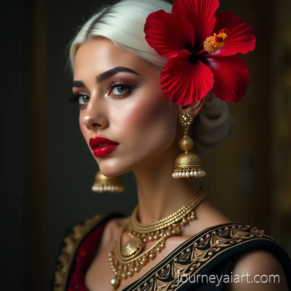 HyperRealistic-Portrait-of-a-Woman-in-Indian-Maximalist-Fashion-with-Red-Lips-and-Crimson-Hibiscus-Flower