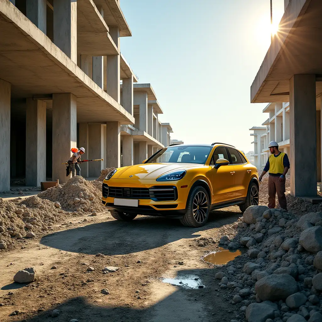 In a partially constructed site, workers are actively engaged in pouring concrete on the ground. The scene is illuminated by a warm sunlight that casts dynamic shadows across the construction area. At the far end of the site, a bright yellow Porsche Cayenne is parked, with clear visibility of its modern and elegant design. Ensure  far way small the Porsche Cayenne appears exactly as it is, with realistic details and accurate proportions.