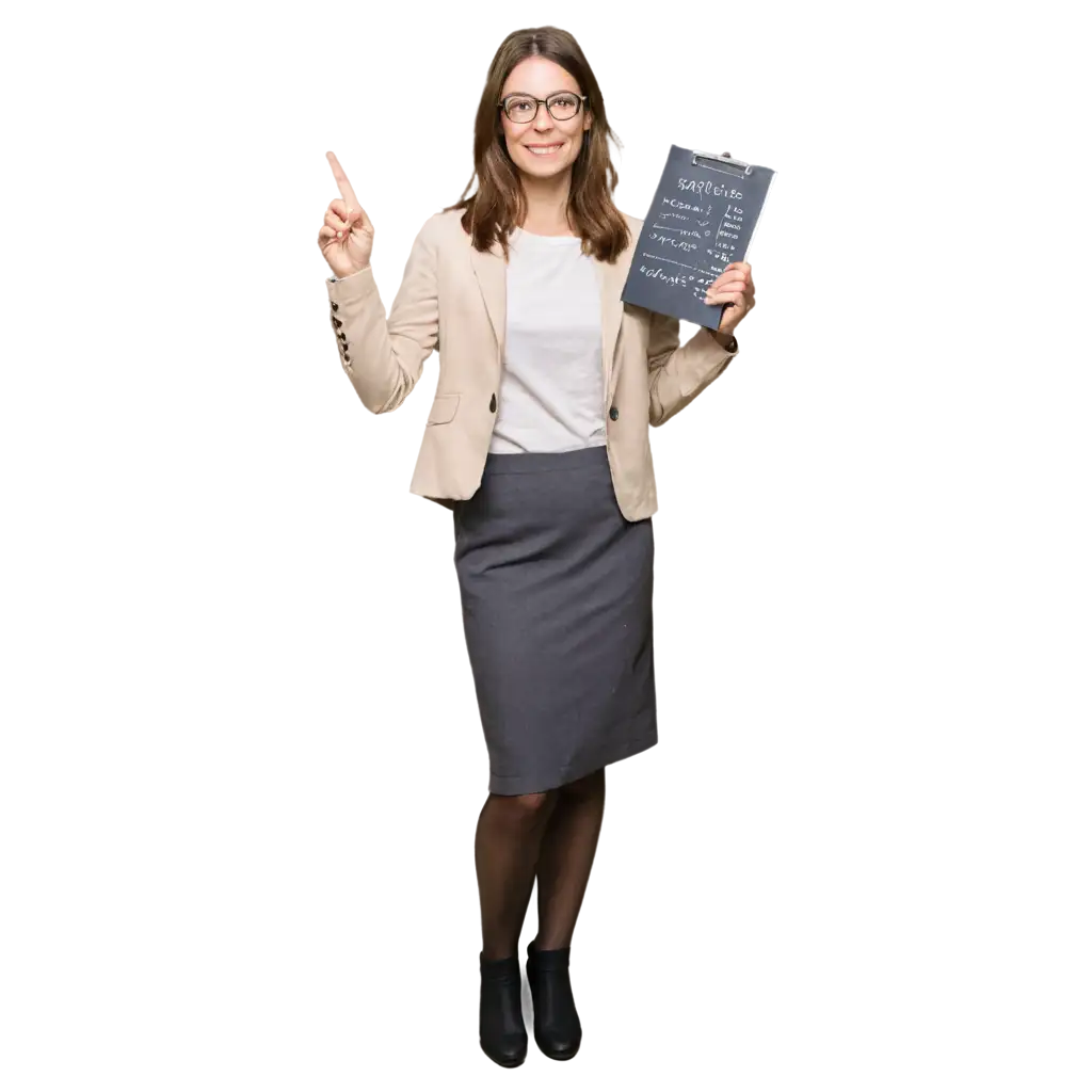 Female-Teacher-Holding-a-Spread-and-Pointing-at-the-Blackboard-PNG-Image-for-Educational-Content