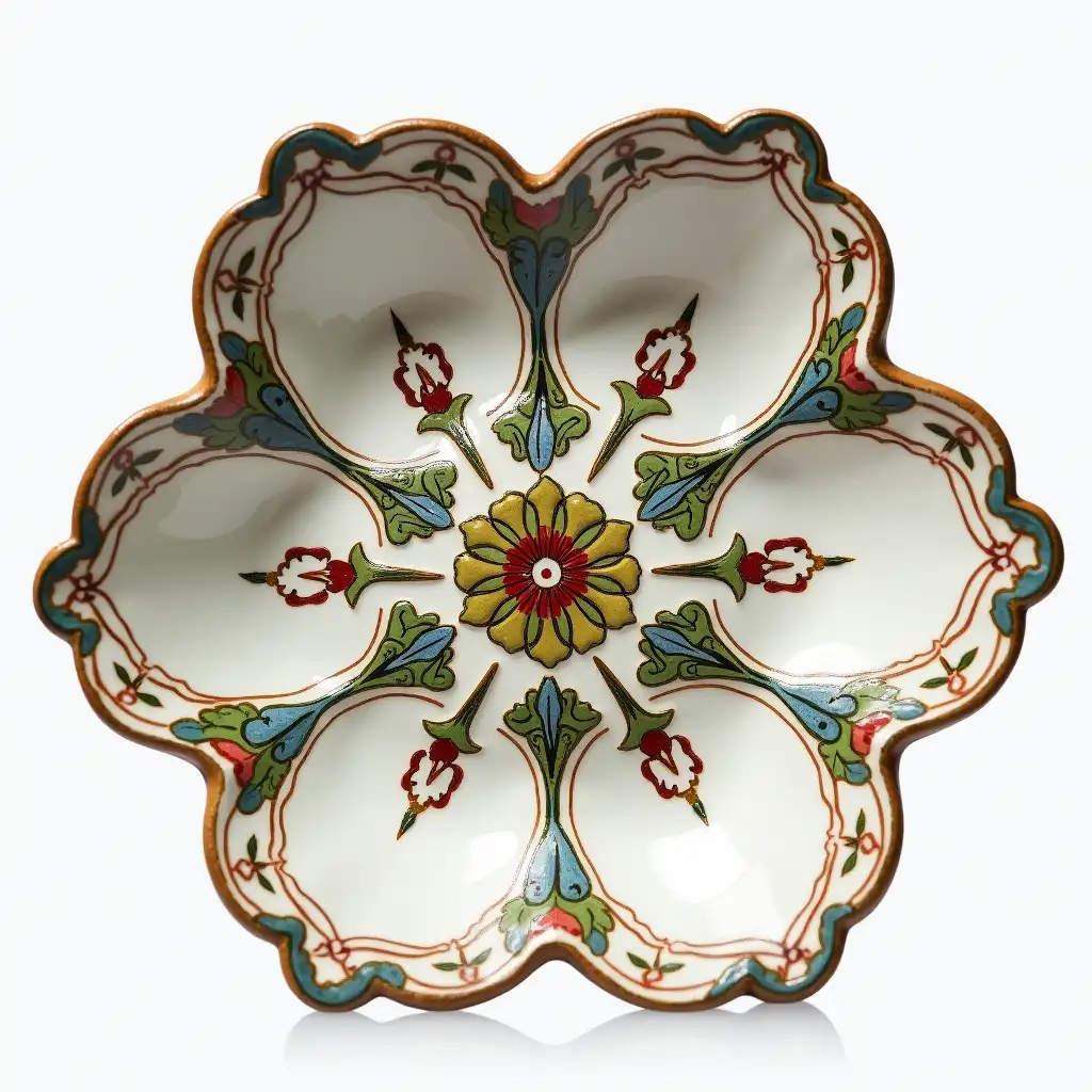 A ceramic serving in the shape of a six-petaled flower with a ceramic handle, Underglaze painting on white body, Fine art, Hyper detailed, Antique and old, Qajar art, Iranian Tabriz carpet design