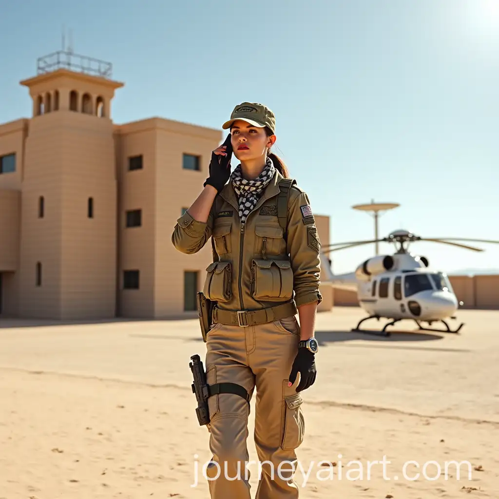 Young-Female-Military-Pilot-in-Camouflage-Outfit-at-Desert-Fort-with-Prison-and-Helicopter