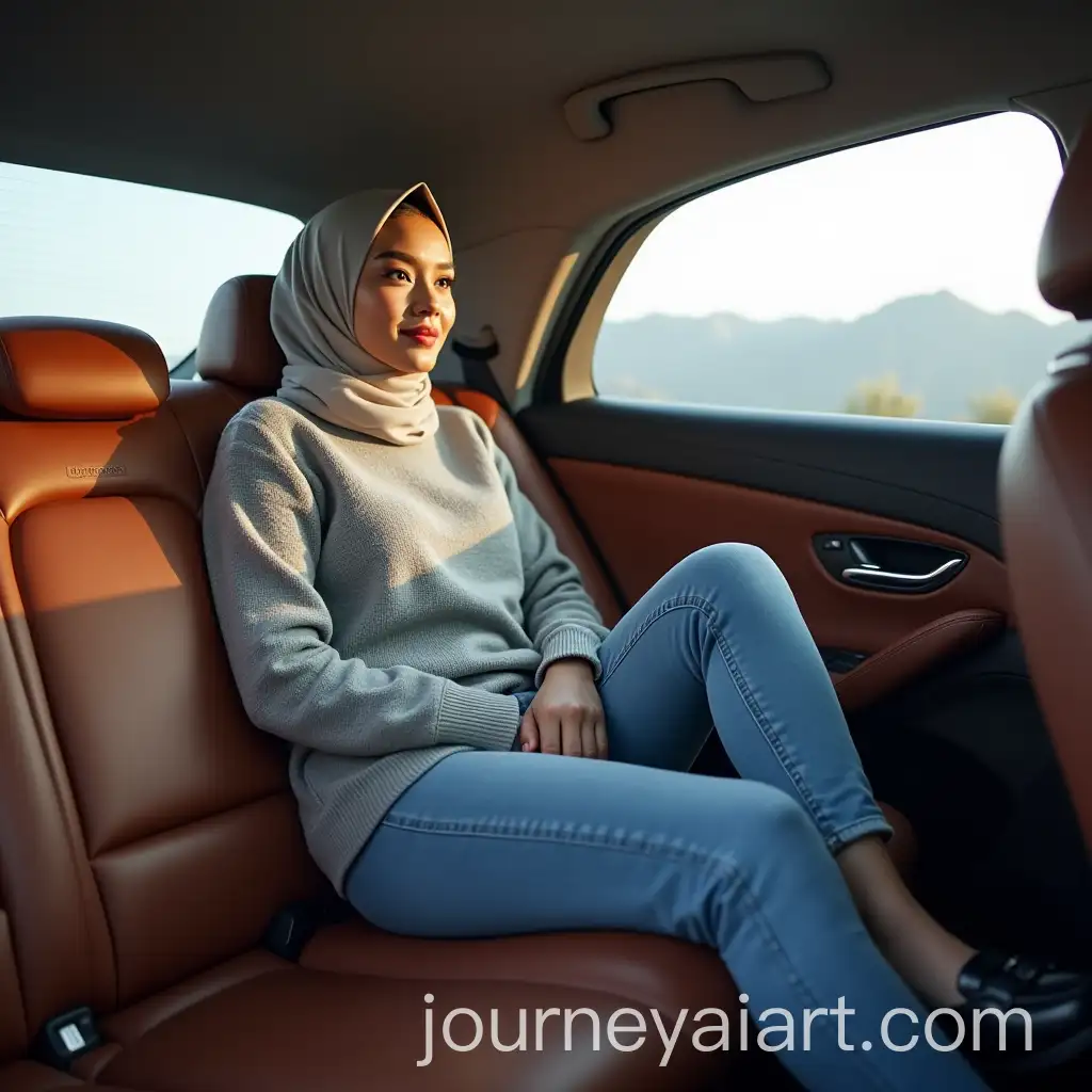 Woman-in-LightColored-Hijab-Relaxing-in-Luxury-Car-with-Scenic-Mountain-View