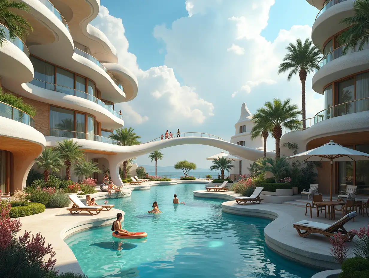 Create a high-resolution, realistic panorama image of a futuristic terrace building with window skyscraper with bridge, a pool and people with floating devices, many plants and colorful flowers white and brown facades in the desert oasis with a fountain big trees, very cloudy sky