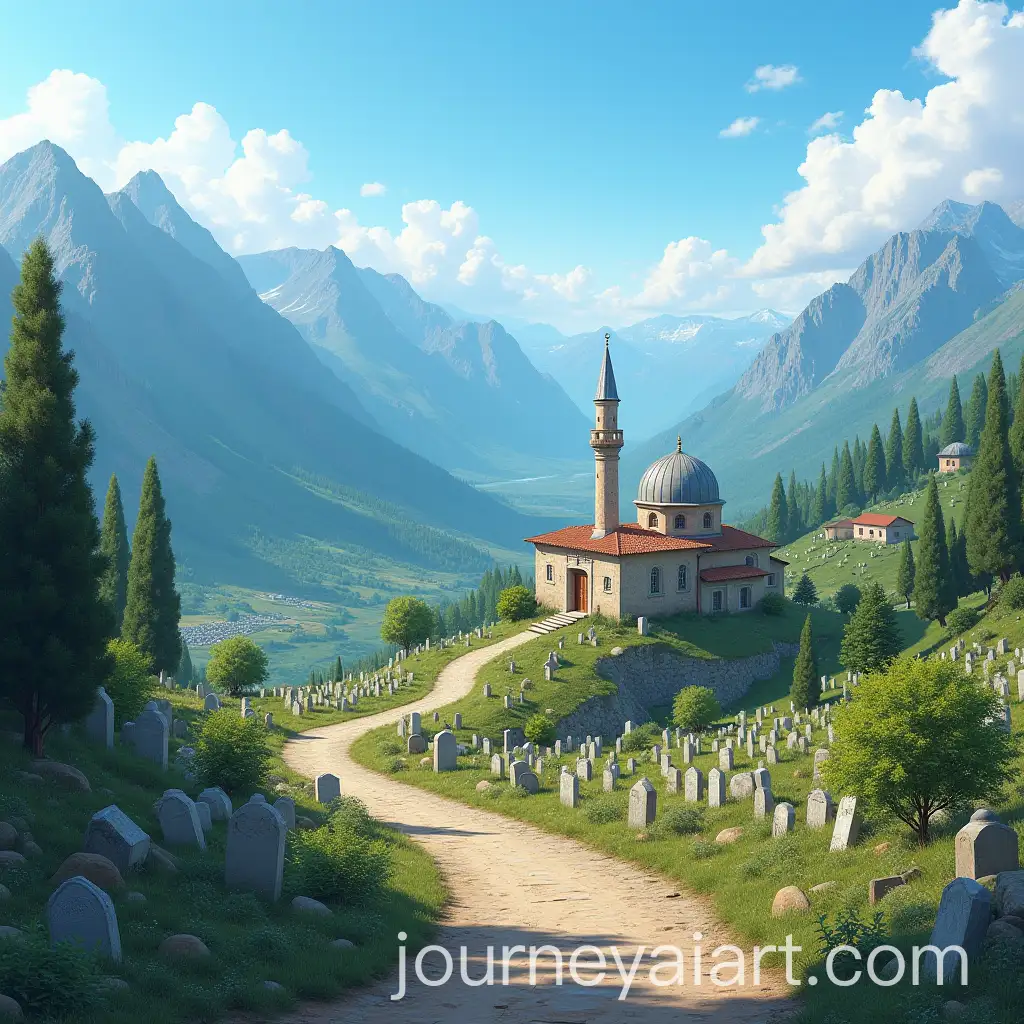 Small-Mountain-Village-with-Graveyard-and-Mosque-under-Clear-Blue-Sky