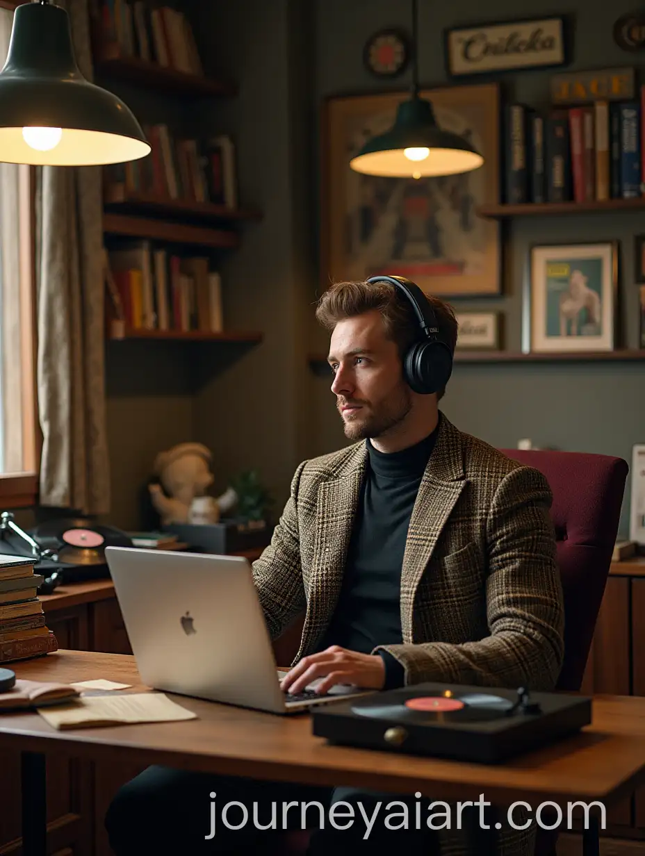 Retro-Style-Room-with-Books-Records-and-Thoughtful-Man-in-Tweed-Jacket