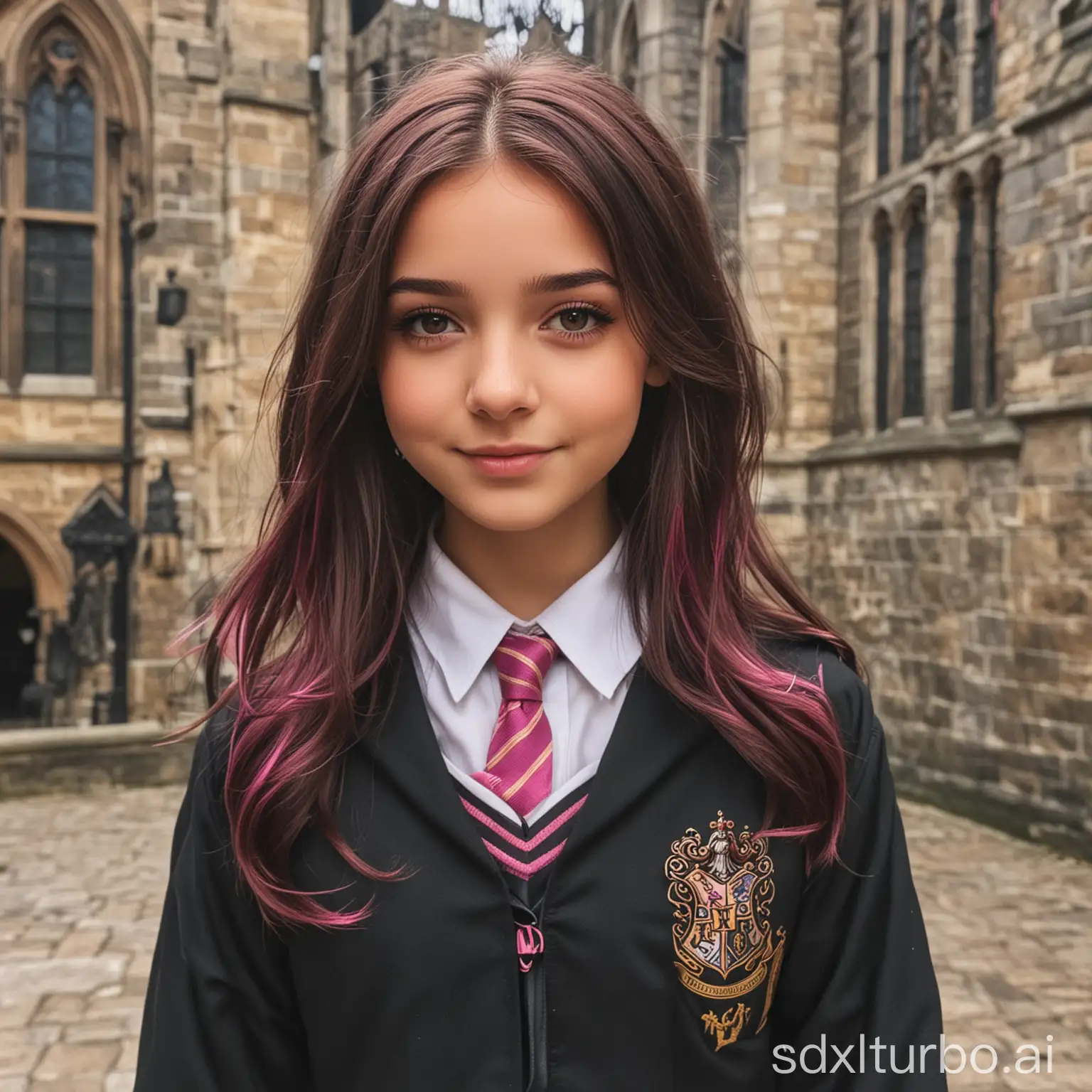 girl with dark brown hair, pink highlights, brown eyes, hogwarts uniform