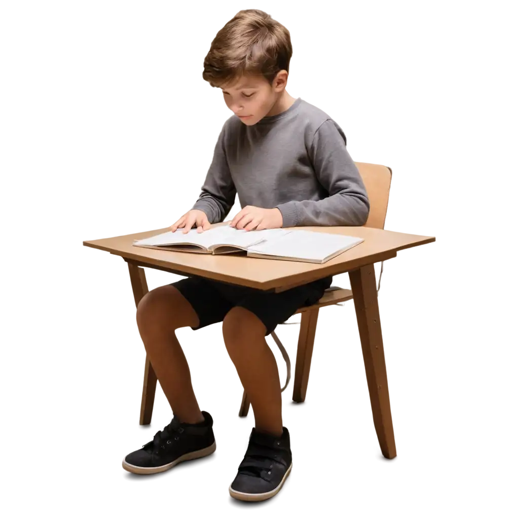 a boy aged 10 is sitting at a table, both legs on the floor, studying at the table with artificial lighting. The light from an LED lamp is clearly visible