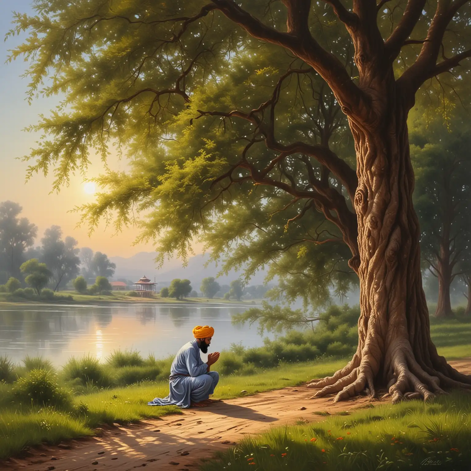 Sikh Man Praying Under Tree Tranquil Oil Painting Scene