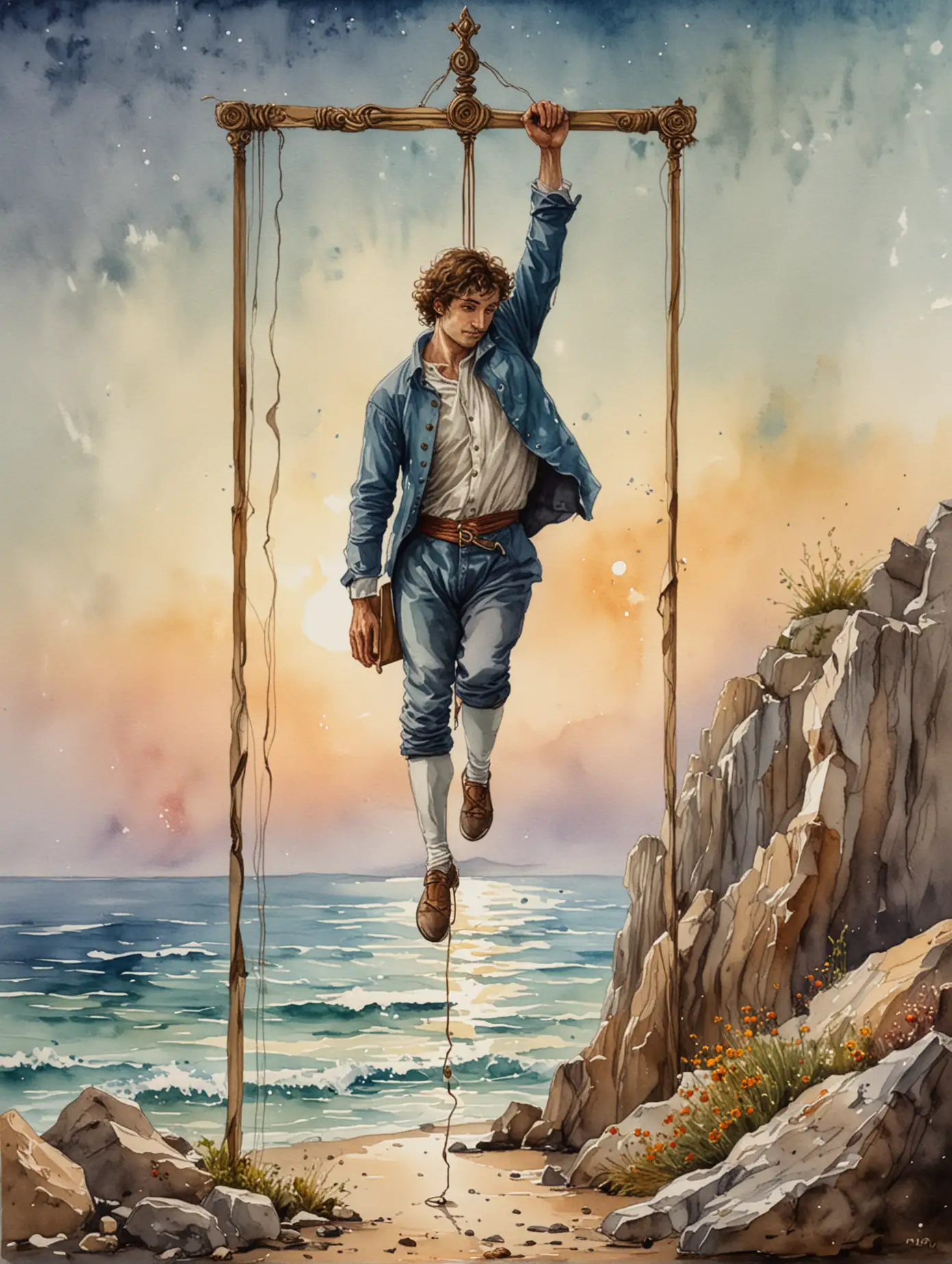 Watercolor-Tarot-Card-Depicting-a-Man-Hanging-by-One-Leg-in-Antoine-Blanchard-Style