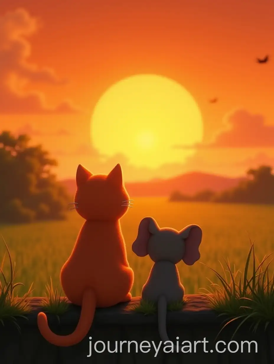 Chubby-Orange-Cat-and-Baby-Elephant-Enjoying-Sunset-in-Indonesian-Rice-Field