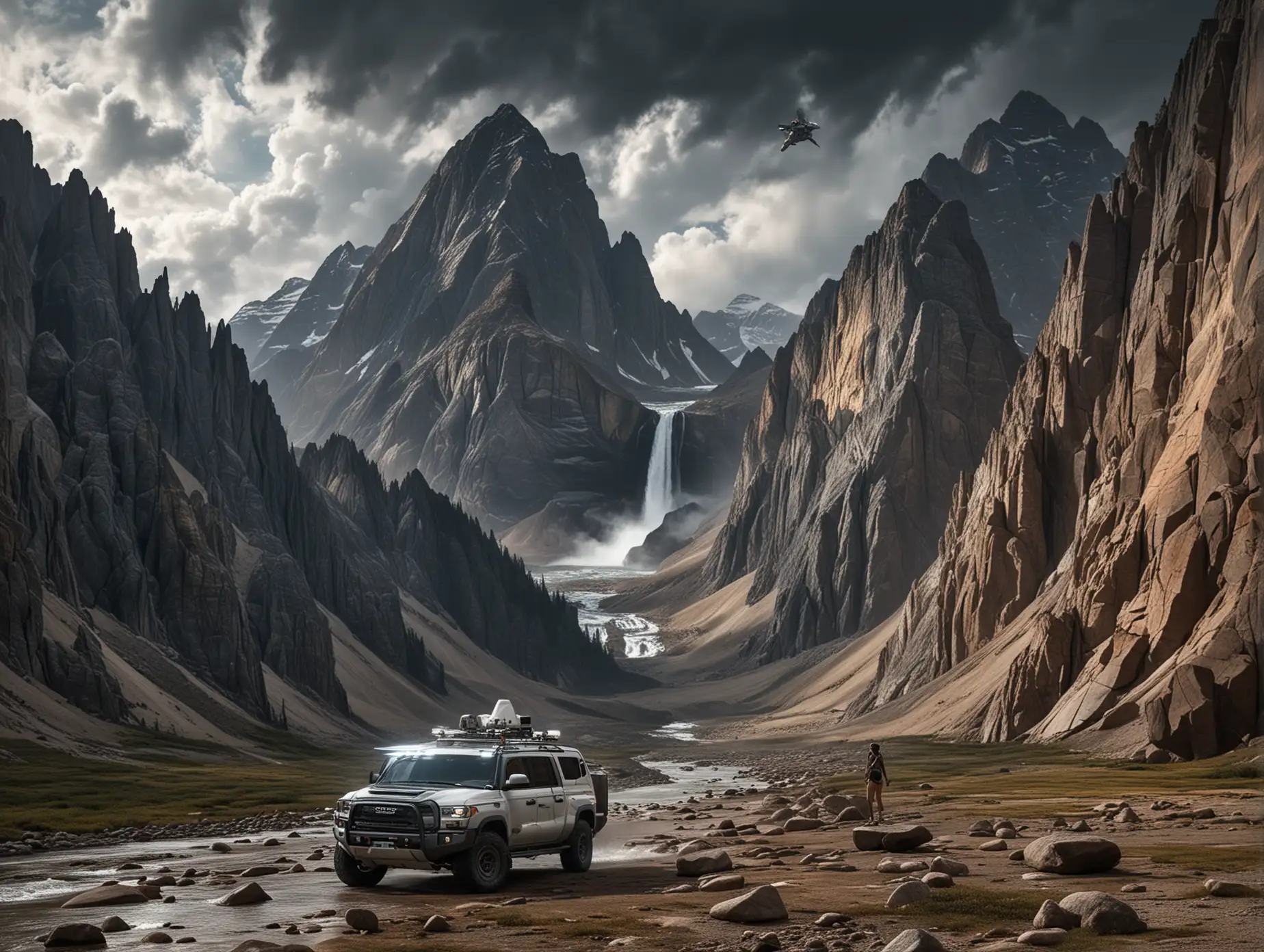 An alien ship is seen in dark sky clouds in a mountain valley with high-resolution and highly detailed mountain rock texture in Jasper National Park, with a wide waterfall in the distance, with a female astronaut in a bikini standing in front of her vehicle in the distance. The image is high-quality and high-resolution. No NSFW.