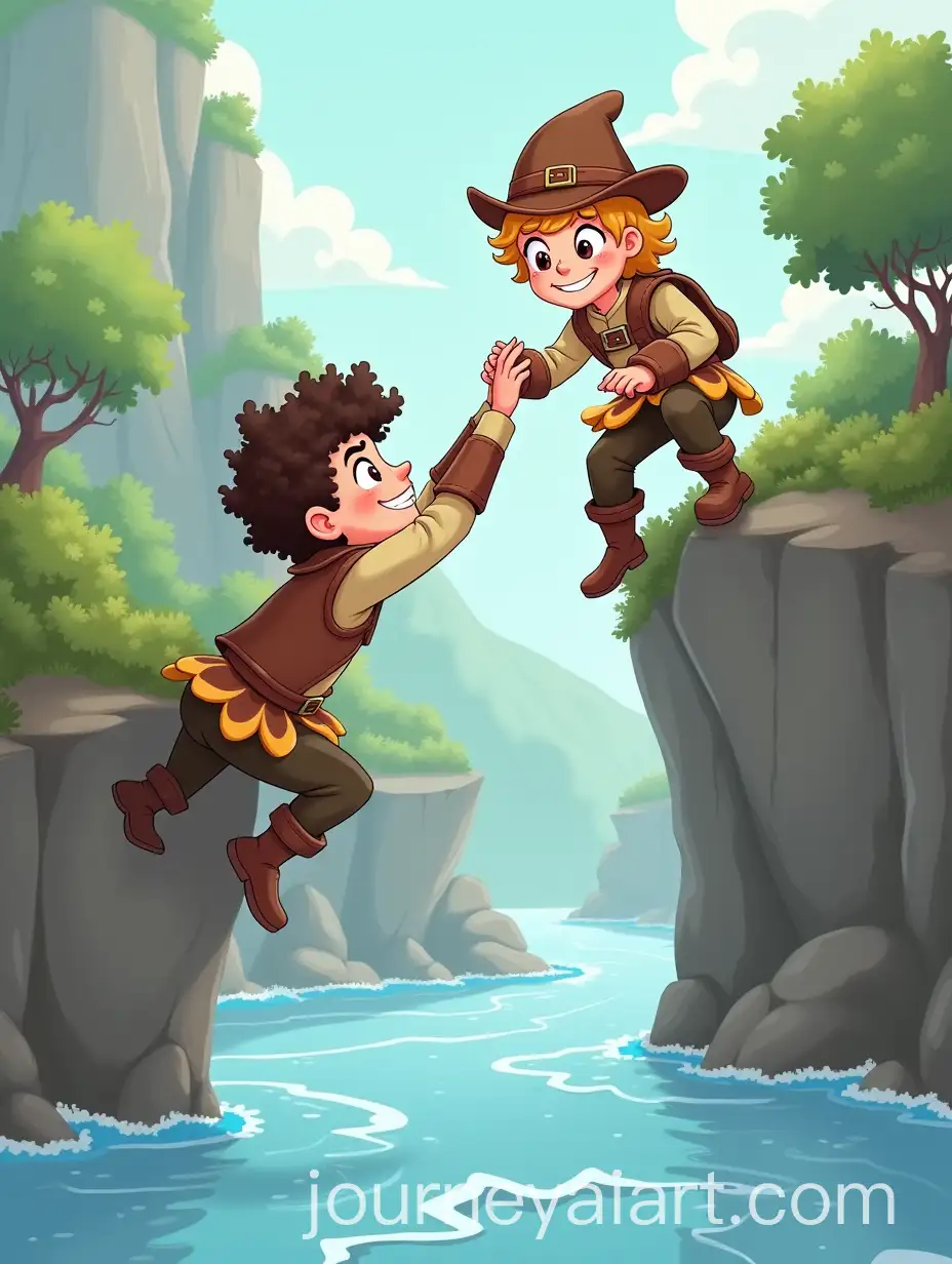 Two-Adventurous-Characters-Climbing-Rocky-Cliff-by-Flowing-River