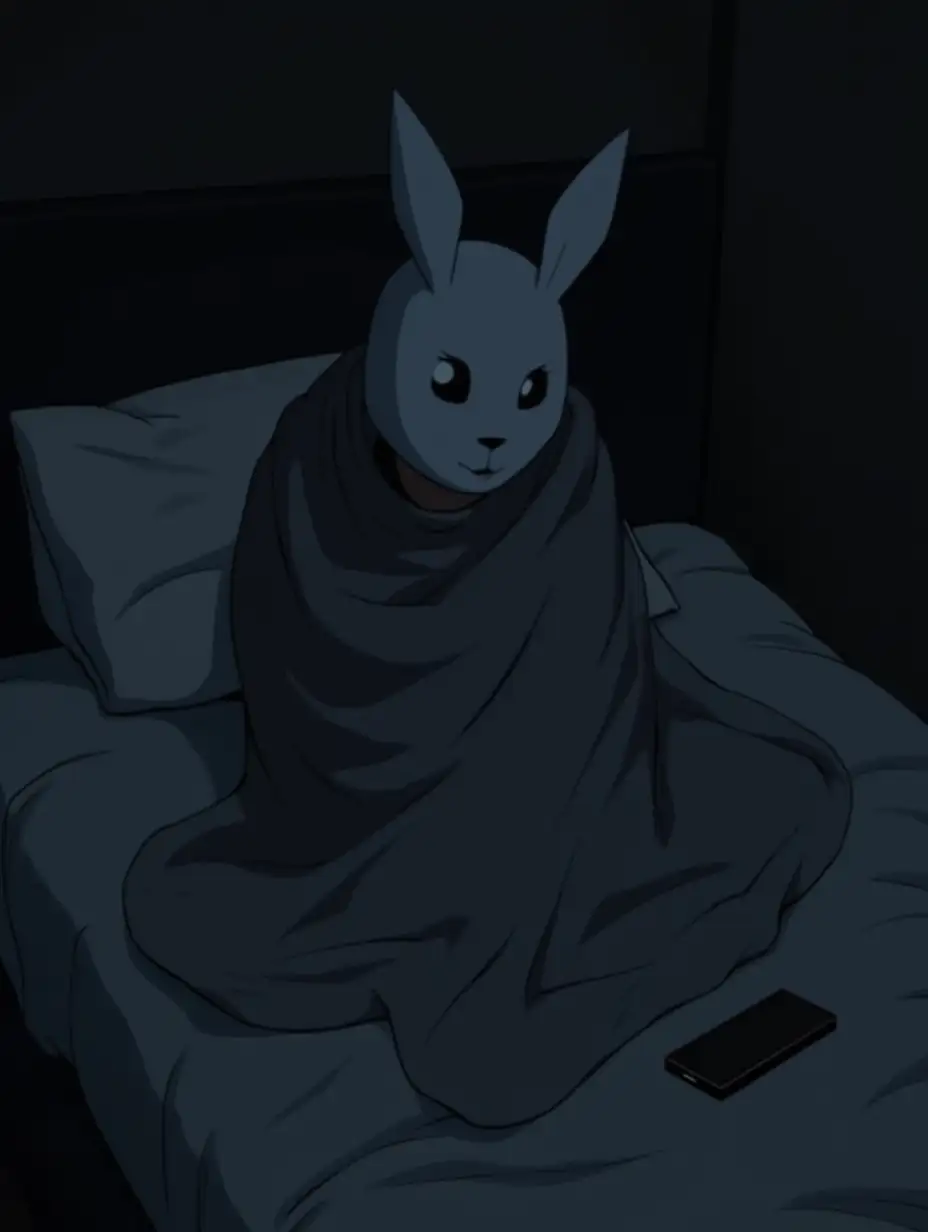 A boy wearing a mask of a rabbit is sitting on the side of his bed. He is covered in blanket. Next to him there is lying his phone. The picture is dark and gloomy. Anime style.