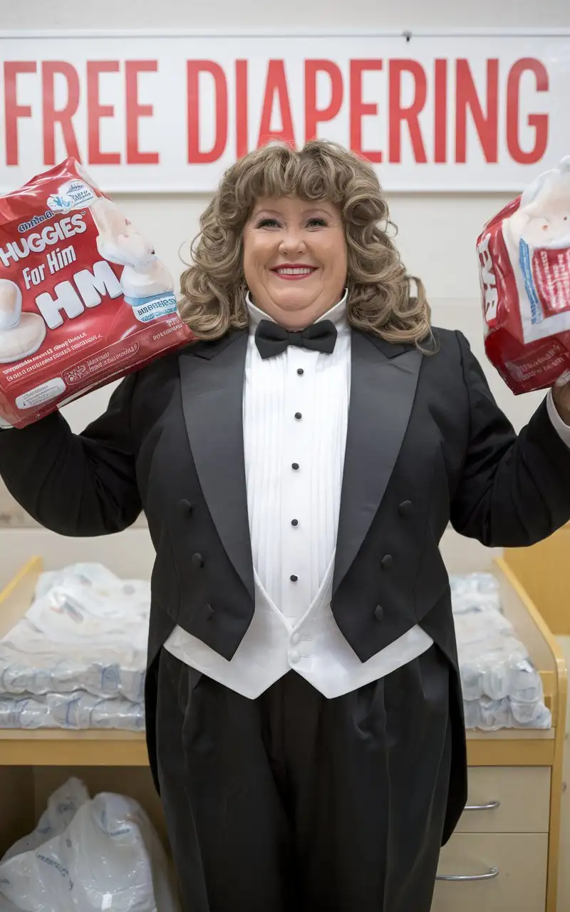 Smiling-MiddleAged-Woman-in-Tuxedo-Holding-Huggies-Diapers-at-Nursery-with-FREE-DIAPERING-Sign