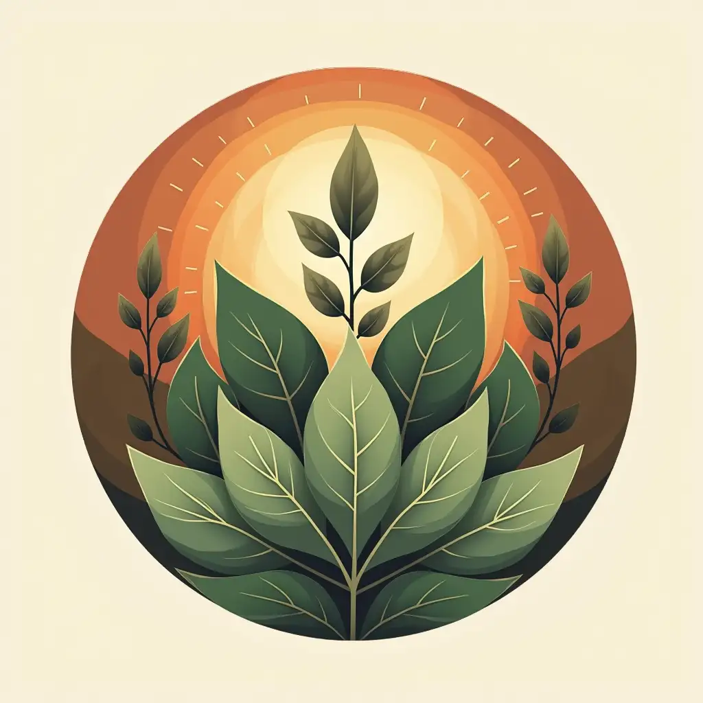 create a logo for a natural wellness centre using terracotta colours and deep faded greens, with nature's healing elements, in a circle.