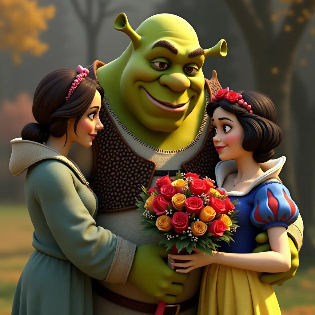 Snow White gives a bouquet to Shrek. Congratulations to Shrek on his birthday, and Fiona stands next to Shrek's baby son in her arms and is terribly jealous.