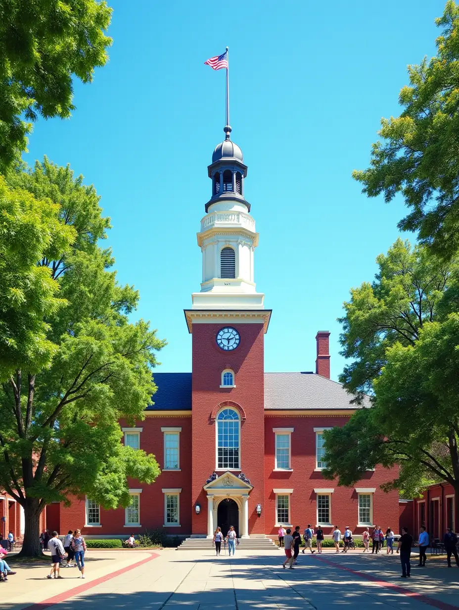 A wide-angle shot of Independence Hall in Philadelphia, showcasing its iconic red brick façade and the clock tower. Bright blue sky, lush green trees surrounding the building, people walking by to create a sense of history and activity.