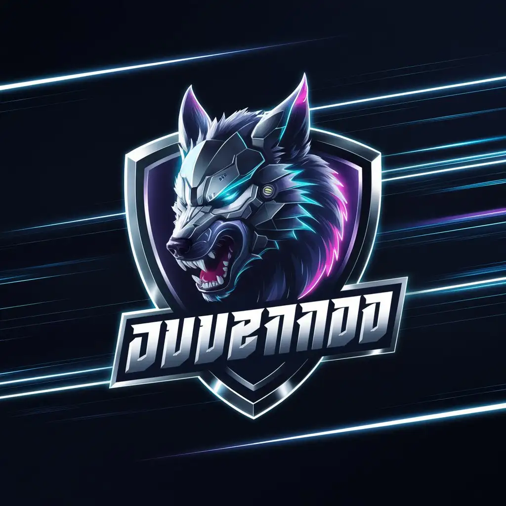 LOGO Design for Gaming Cybernetic Wolf with Neon Blue Purple in Shield Emblem for Esports