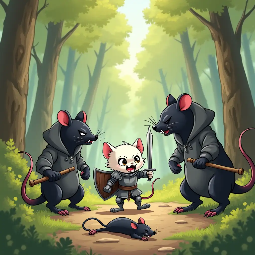 Background - summer forest. A small angry white humanoid kitten in knight's armor, in left hand a shield, in right a sword. The kitten is fending off two big humanoid black rats. The rats have snarling faces, wearing hoodies. Both rats are armed with clubs, one rat has no tail. One dead rat is lying on the ground. From the bottom of the picture stick out two rat paws, the right one is clutching a club. Soviet cartoon style.