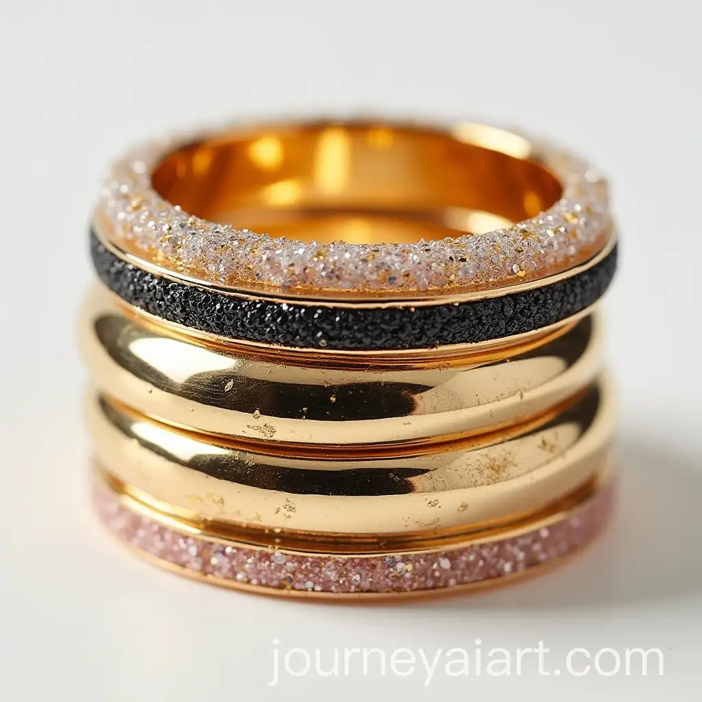 Six-Medium-GoldColored-ThreeDimensional-Rings-with-Glitter-and-Accents-in-Black-and-Pink