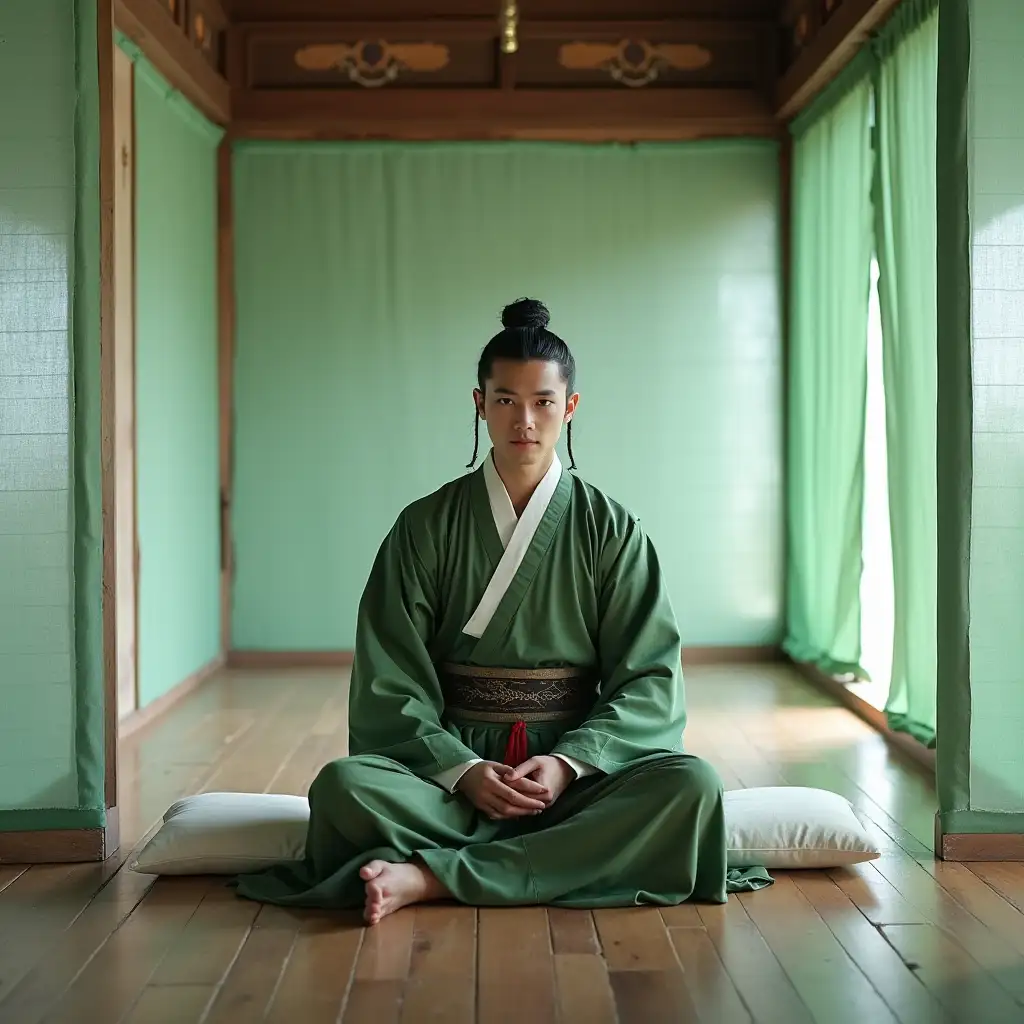 Wooden floor, white earthen walls, thin translucent green silk partitions in place of doors, Asian man in his 20s wearing formal attire of Sui Dynasty nobility, seated on white cushions.