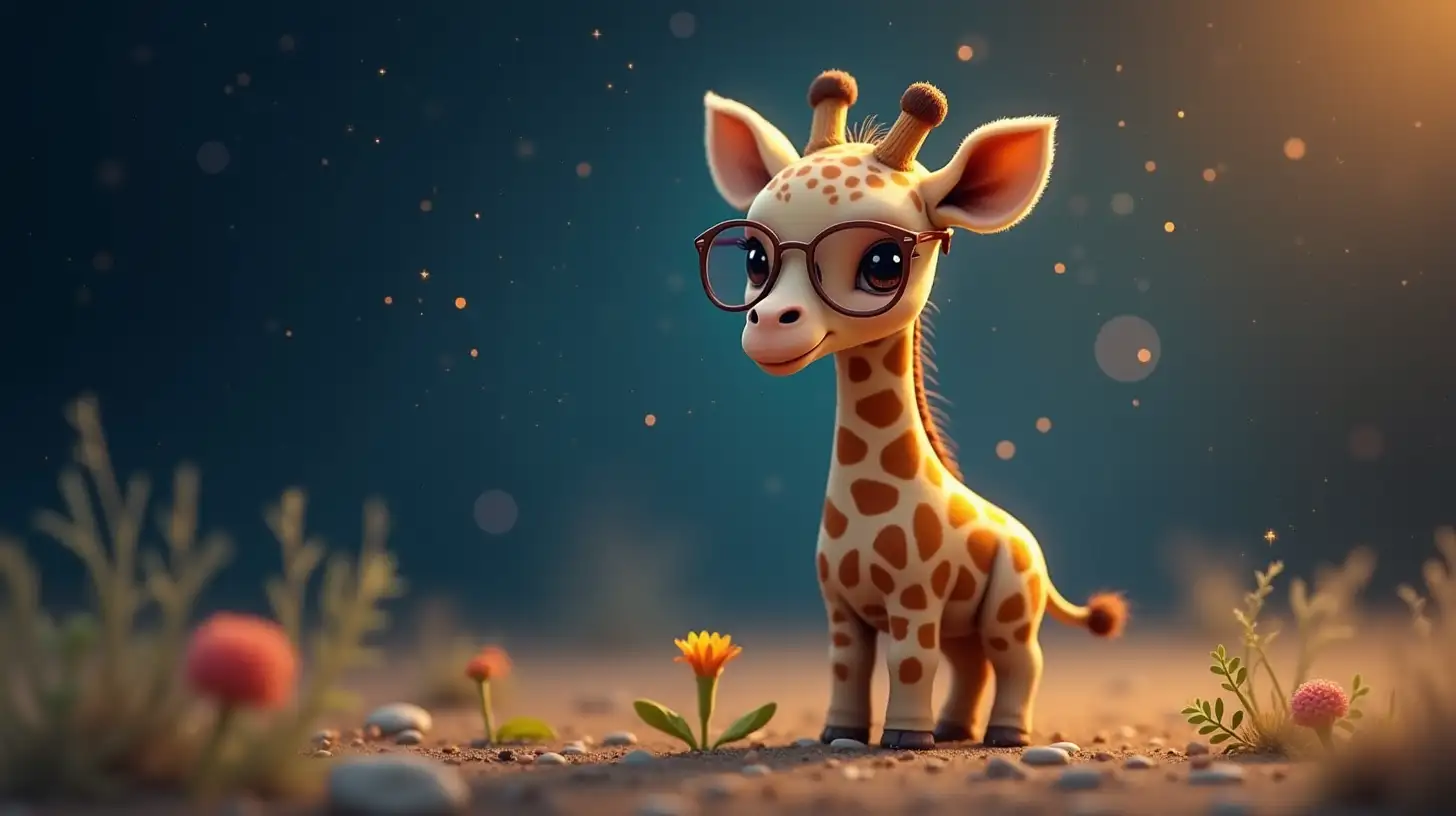 Baby Giraffe in Space with Glasses Surrounded by Stars and Flowers