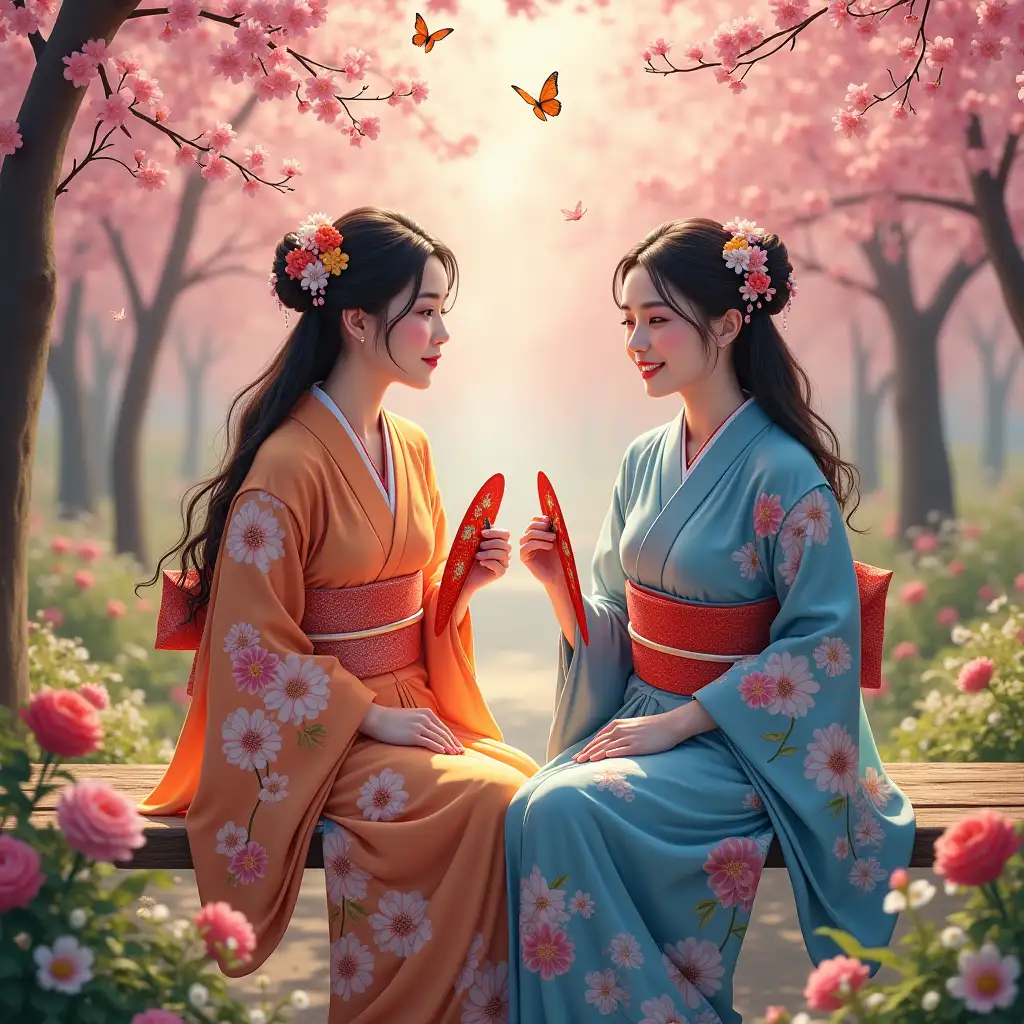 A two beautiful Asian young woman wearing colorful kimonos and handfans, are sitting on the wooden bench in colorful cherry tree garden. Ladies are talking to each other.  Lot of flower still lifes. Butterflys. Sunbeams.