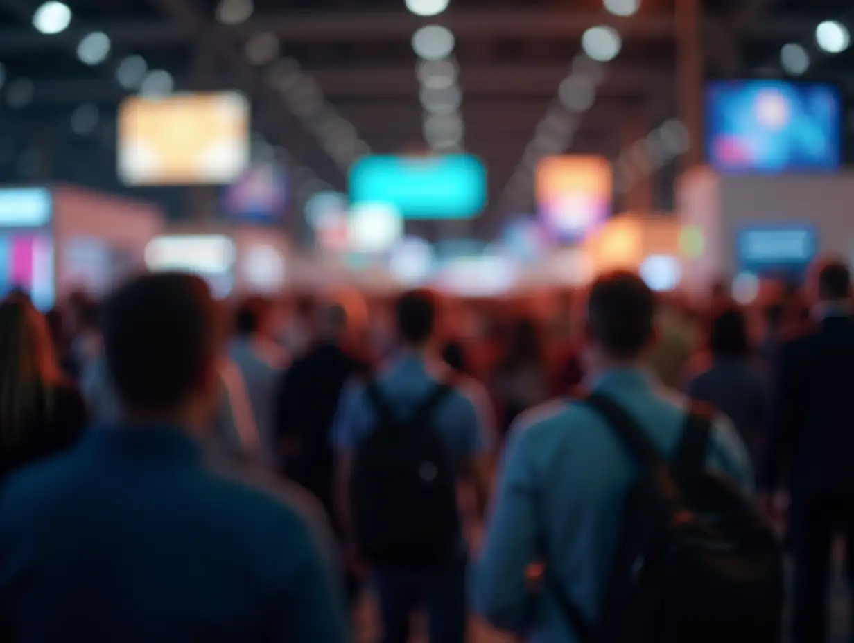 Vibrant crowd at a business expo, with blurred movement and copy space emphasizing the dynamic environment.