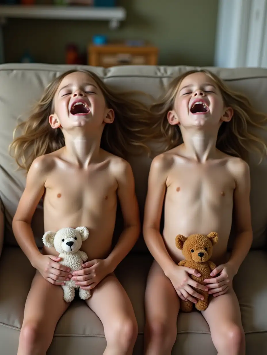 Two-Skinny-Girls-Holding-Stuffed-Animals-on-Couch-in-Playroom