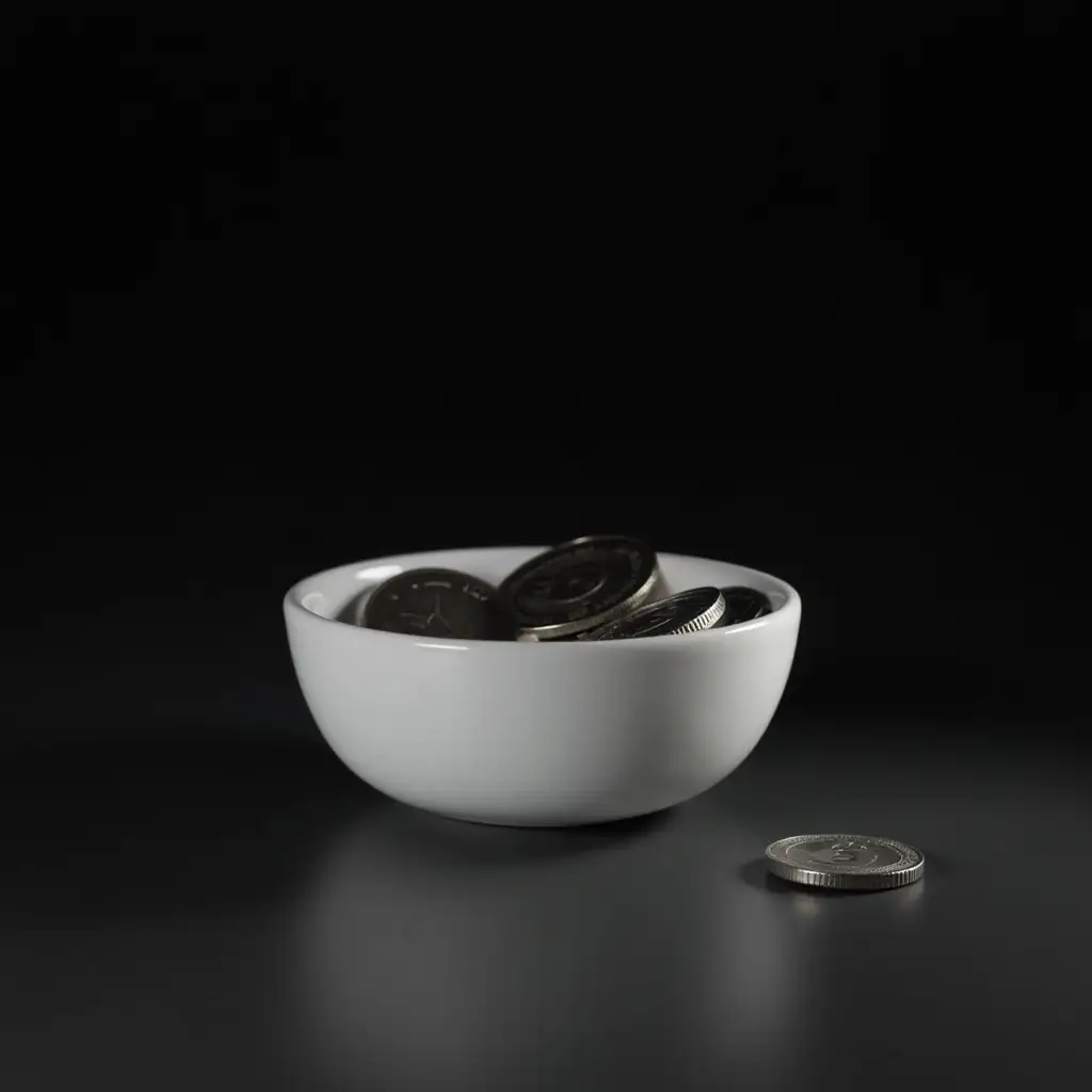 White Statue with Silver Coins in Dish on Dark Background