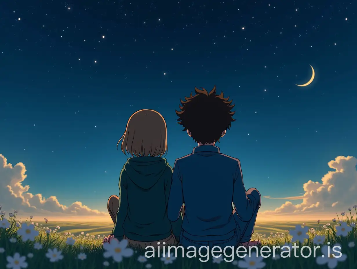 Young-Couple-Enjoying-a-Starry-Night-Over-FlowerFilled-Plains