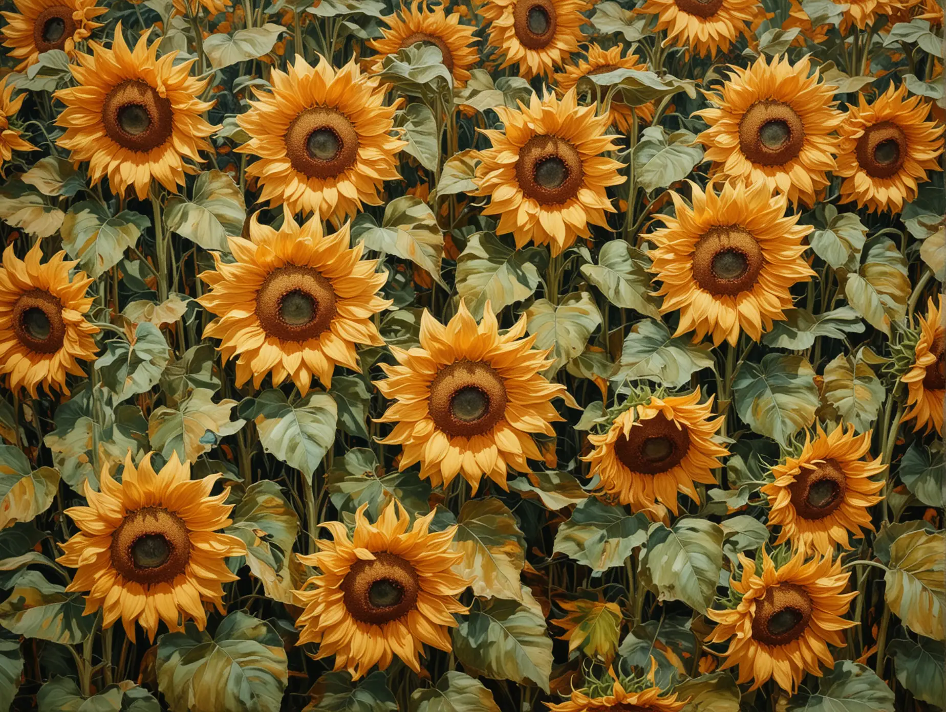 Vibrant-TopDown-View-of-Sunflower-Field-with-Bold-PostImpressionist-Brushstrokes