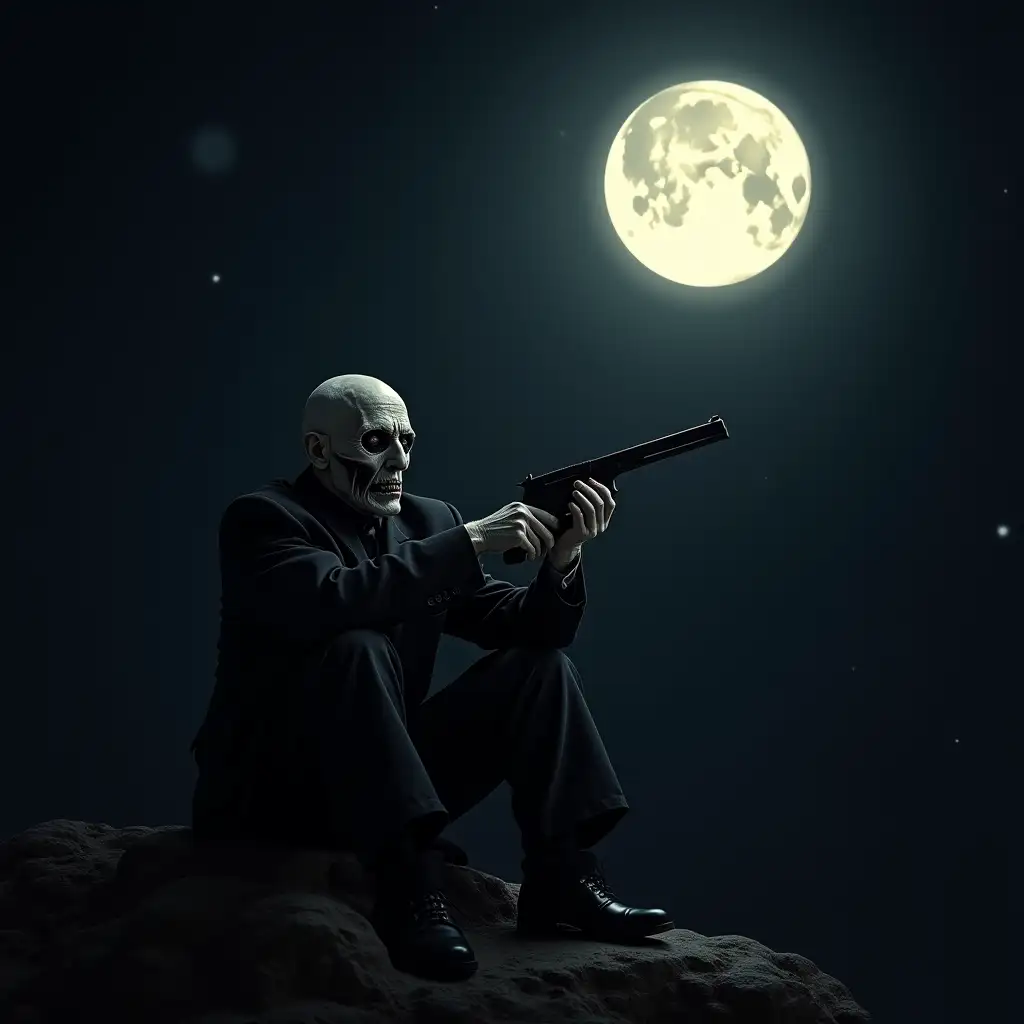 Scary man sitting at night holding pistol, moon, No face