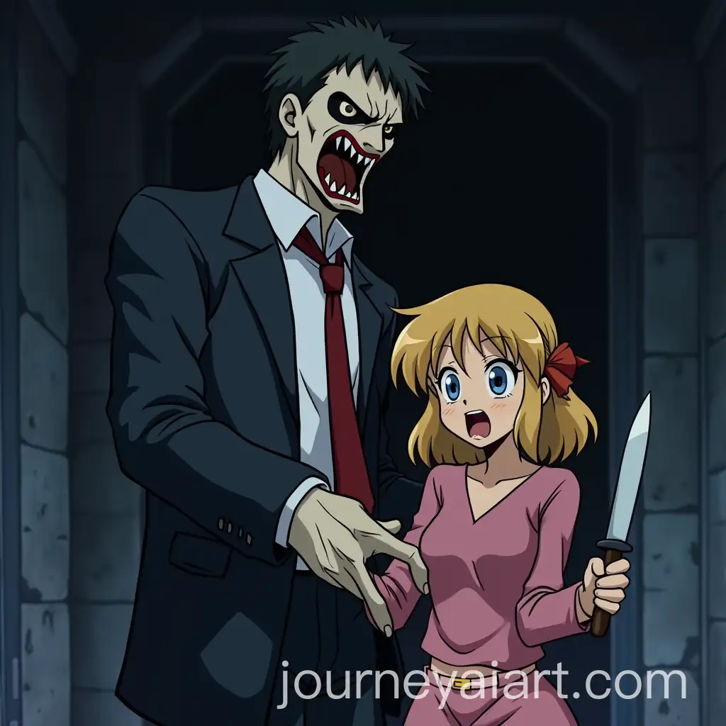 Horror-Icons-in-80s-Anime-Style-A-Frightened-Blonde-Girl-and-a-KnifeWielding-Killer
