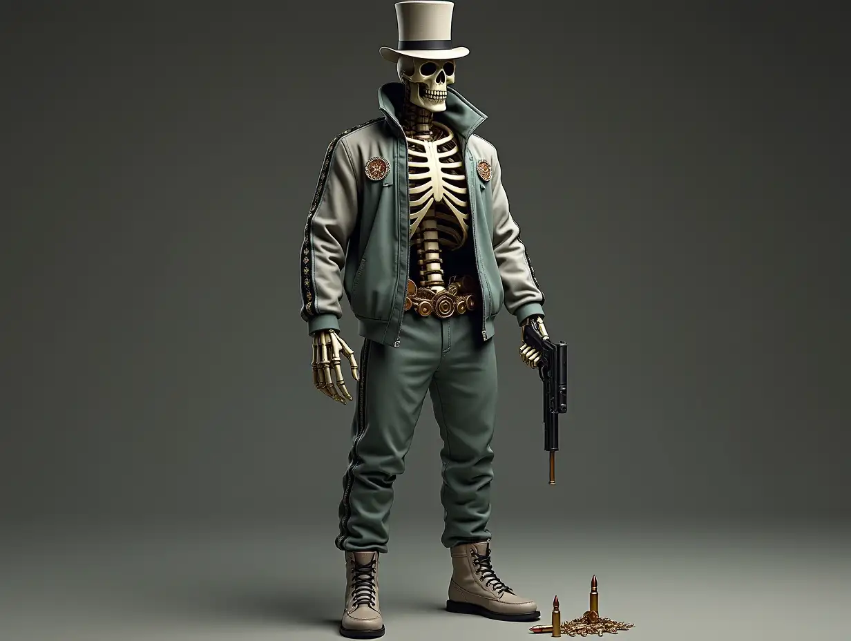 Create a high-resolution, realistic image of a robot with a skeletal body, porcelain hands and head, a fashionable tracksuit, a Steampunk top hat, and a pistol with bullets on the ground in 4K resolution